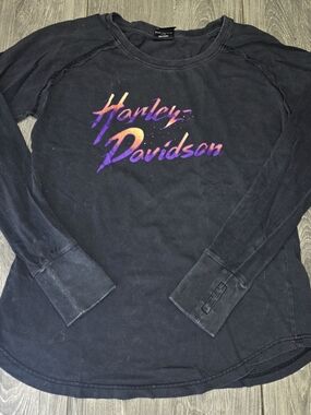 Harley-Davidson Black Long Sleeve Graphic Tee Black Acid Wash Size Large Biker